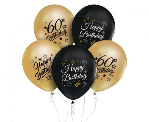 Színes Happy Birthday 60 Gold-Black léggömb, lufi 5 db-os 12 inch (30 cm)